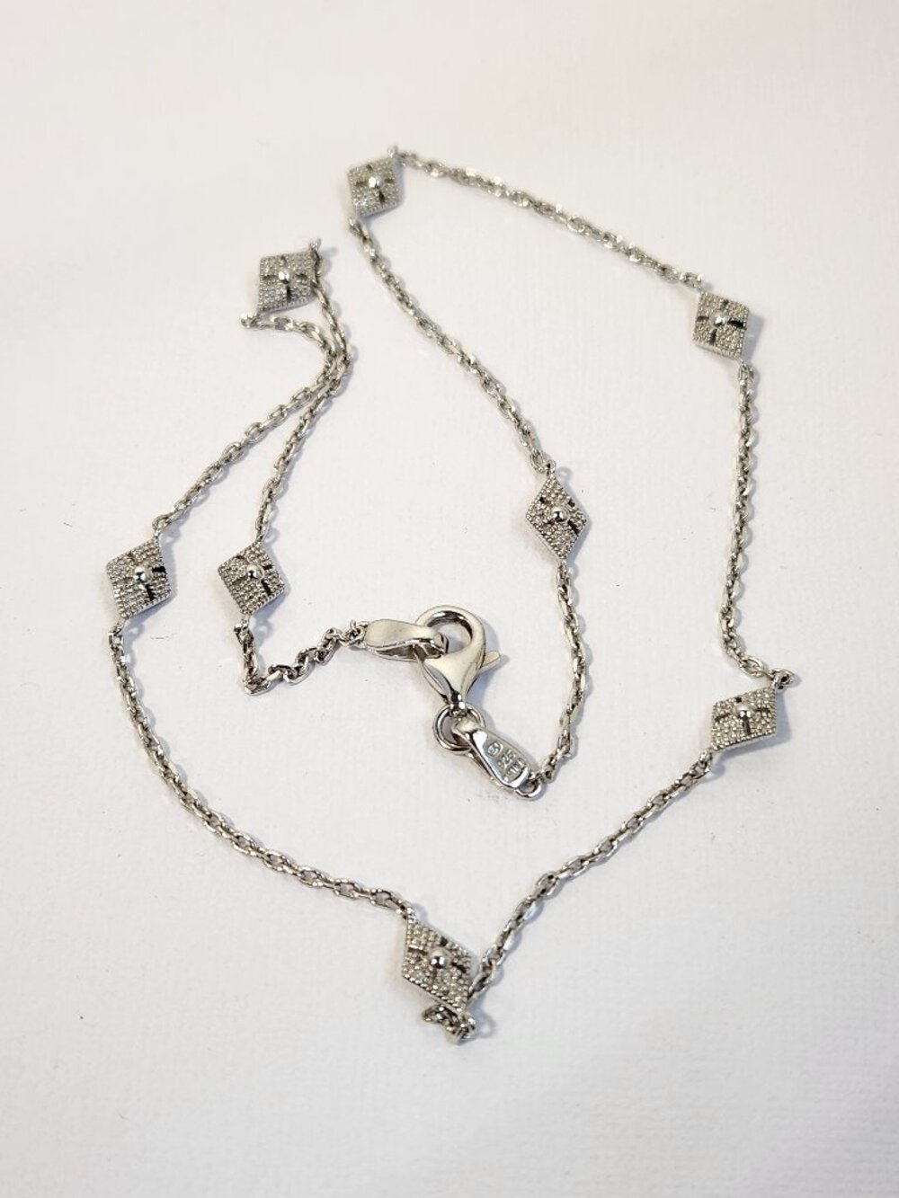 Vintage late 90's White Gold & 925 Geometric Diamond Station Necklace 7.69g 18"